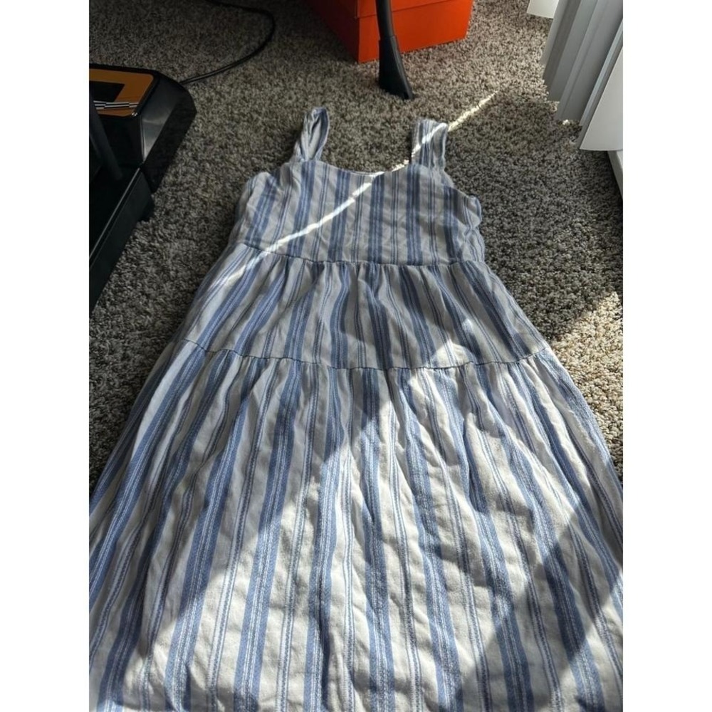 Very J Blue White Striped Tiered Midi Dress Sleeveless Coastal Cottagecore Small